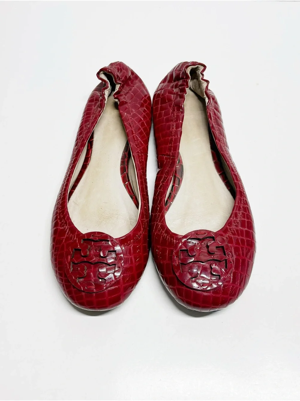 Tory Burch Burgundy Croc-Embossed Reva Ballet Flats